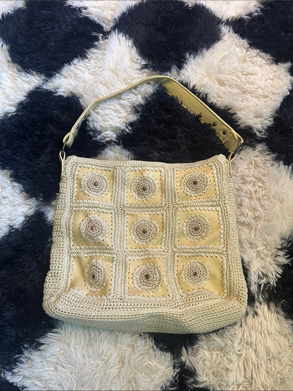 Cream Crochet Square-Panel Shoulder Bag